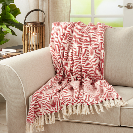 TH258 - Red Diamond Weave Cotton Throw Blanket - 50"x60"