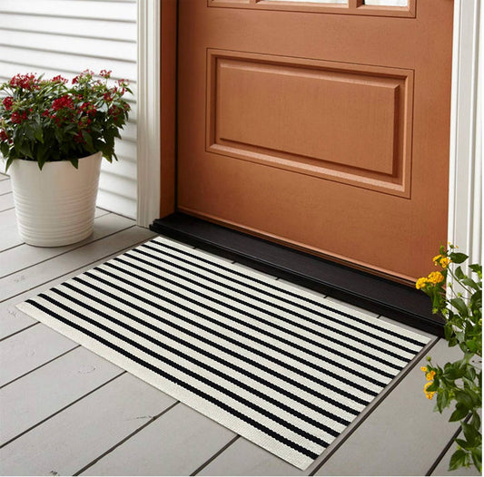 Black-Ivory Cotton Blend Classic Striped Small Area Rug