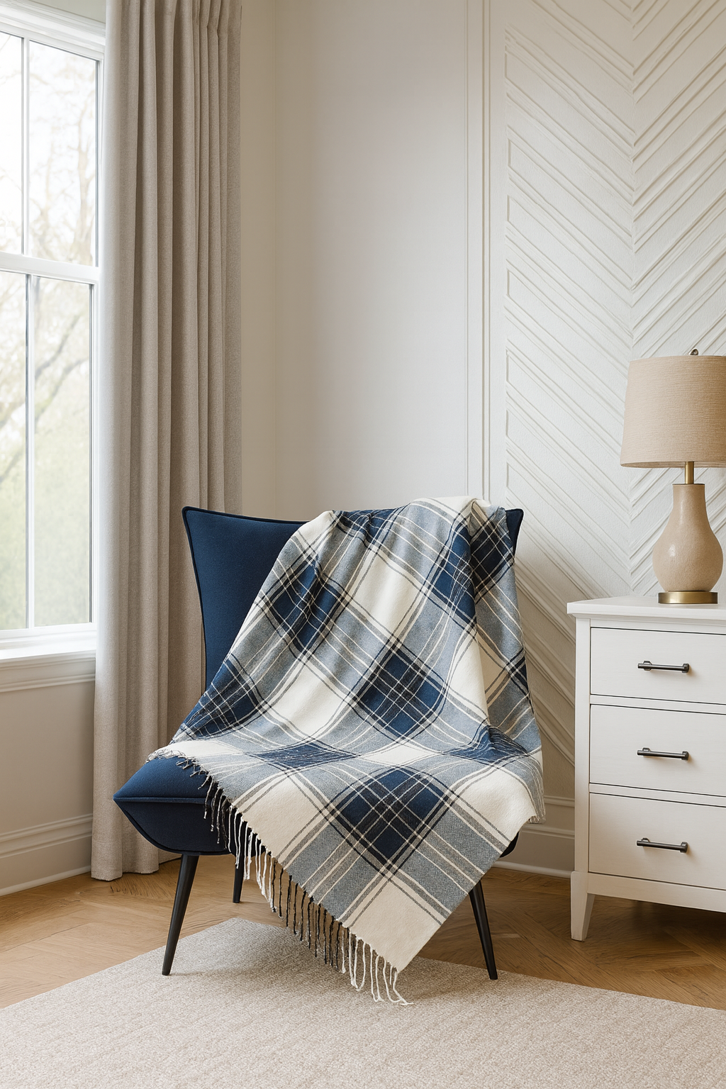 TH804 - Navy Classic Plaid Tassel Trim 50x60 Inch Throw Blanket