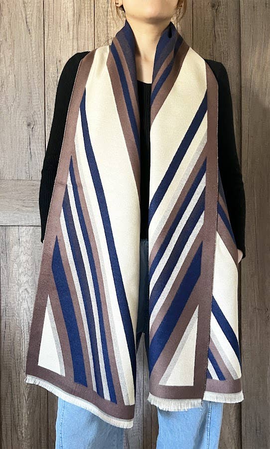 Elegant Blue Multi Striped Cotton Blend Large Wrap Scarf