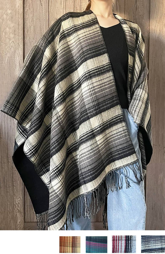 Plaid Reversible Poncho Wrap with Fringe
