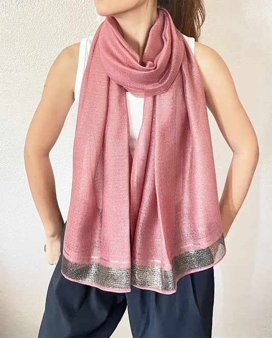 Rose Shimmering Striped Silk Blend Wrap Scarf