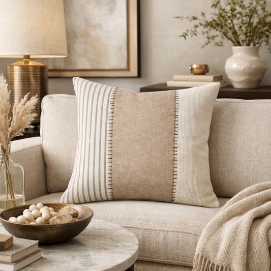 Beige Striped and Colorblock 18" Throw Pillow