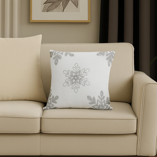 70197 - Embroidered Silver Snowflake White 18" Throw Pillow