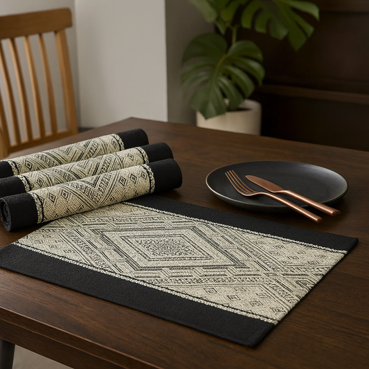 PM0055 - Black Woven Diamond Pattern Cotton Blend Placemat