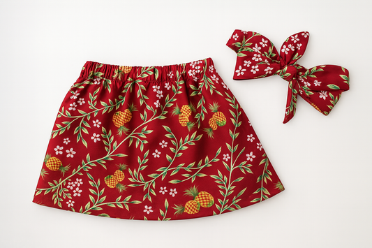 Burgundy Floral Print Girl Skirt & Self-tie Headband