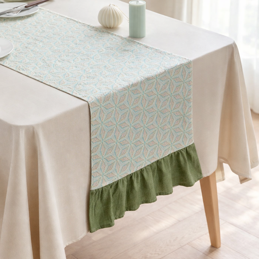 Green Geometric Cotton 14"x72" Table Runner with Ruffle