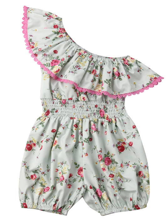 Green Floral One-Shoulder Baby Girl Romper