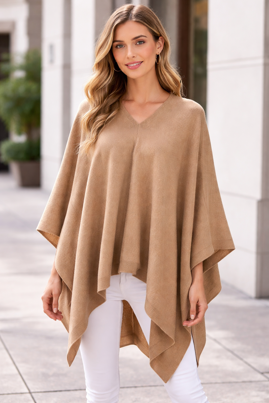 Camel Knit Solid Soft Pullover Poncho Sweater