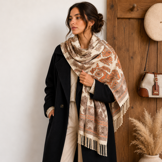 Beige Boho Paisley Jacquard Cashmere-Feel Shawl Wrap