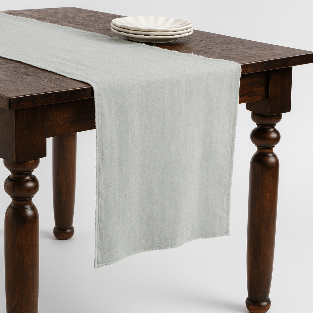 13009 - Blue-grey fringed Stone Washed Pure Linen Table Runner