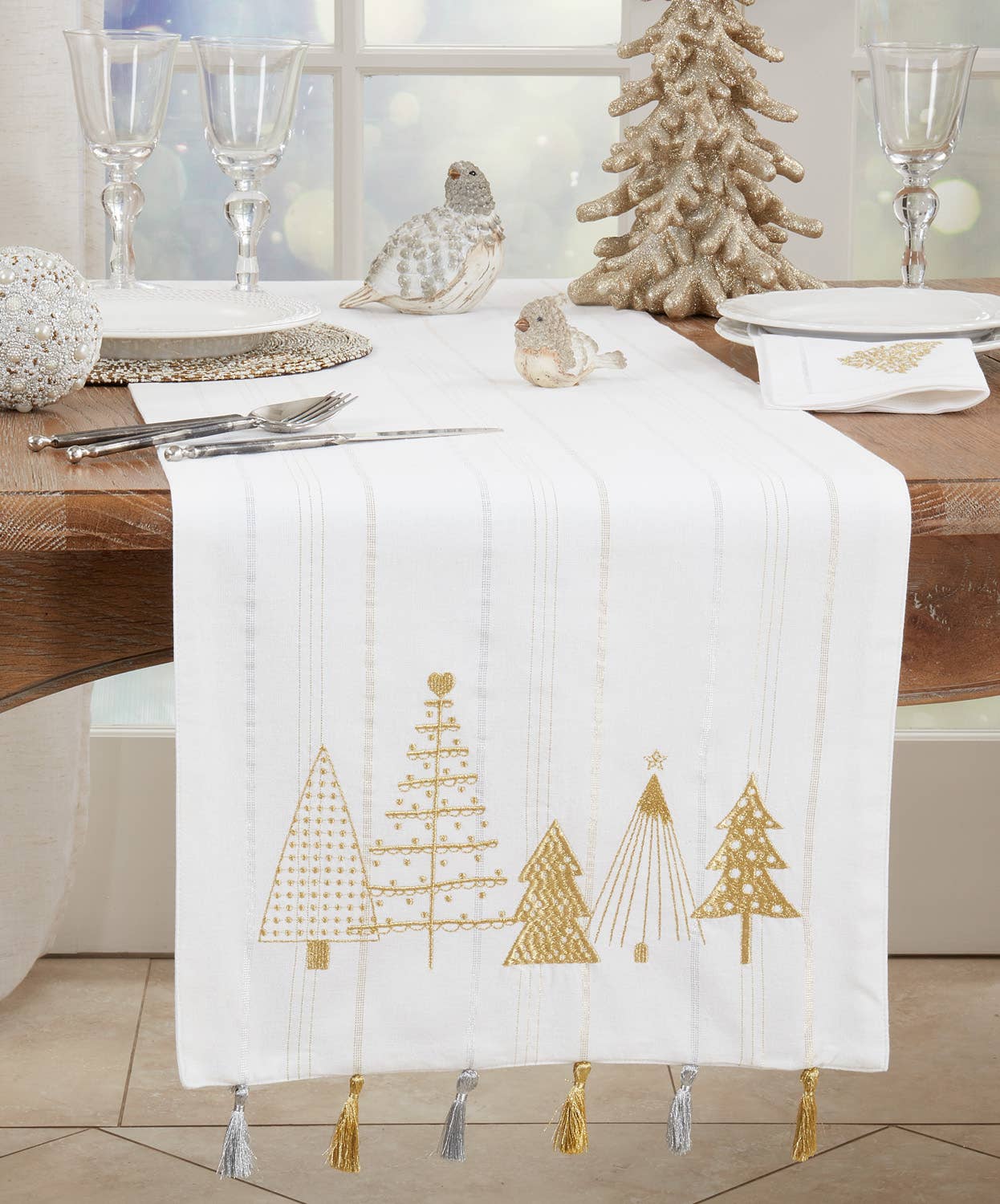 1130 - Gold Christmas Trees Cotton 16"x72" Table Runner