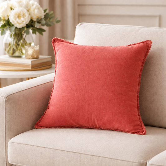 13049 - Rouge Fringed Design Down-Filled Linen 20" Throw Pillow