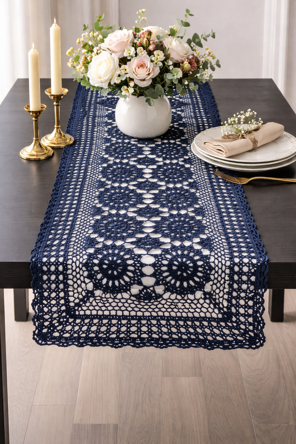 Navy Hand Crocheted Mandala Cotton Table Runner