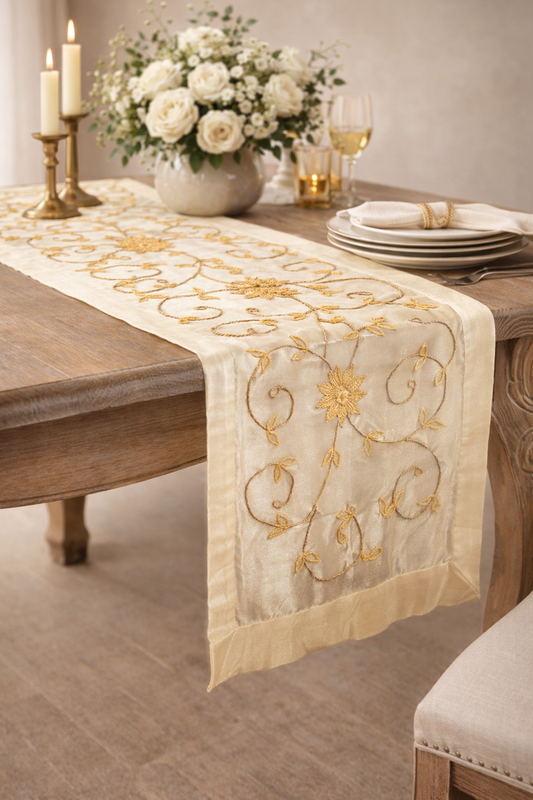 Gold Beaded Flower 16"x72" Table Runner