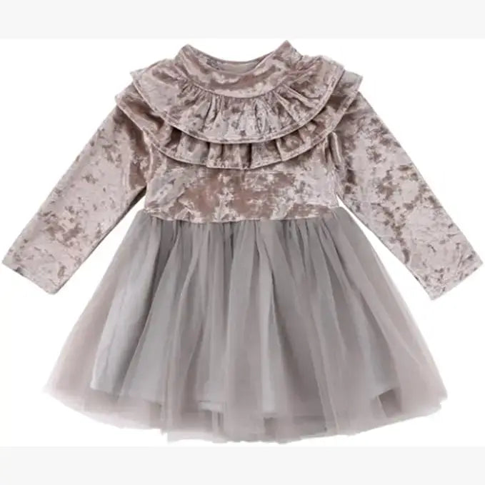 Grey Ruffle Trim Velvet Tutu Girl Dress