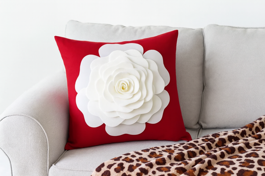 PLW0123 - Red 3D White Rose Flower 17" Throw Pillow