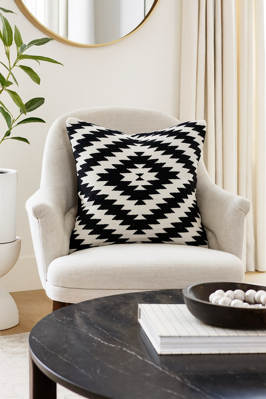 578 - Black-White Kilim Cotton Down Filled Throw Pillow - 20"x20"