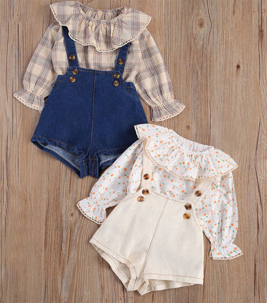 Ruffled Neckline Baby Girl Blouse & Suspender Shorts