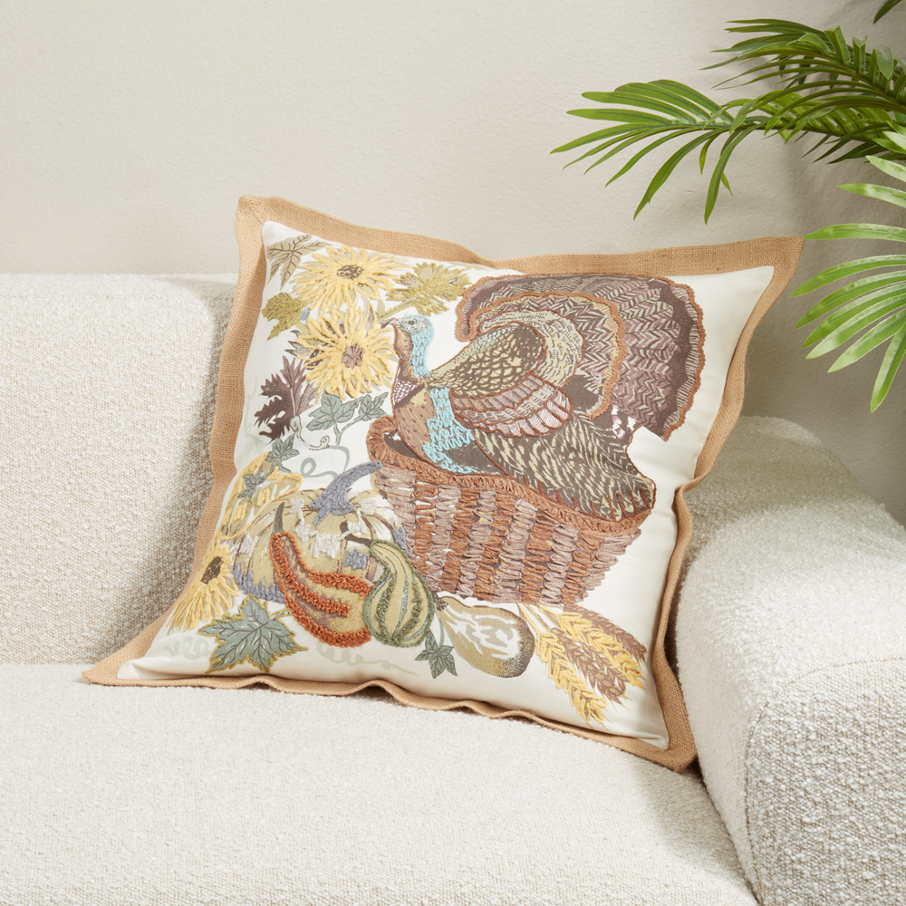 569 - Embroidered Turkey Cotton 20" Throw Pillow