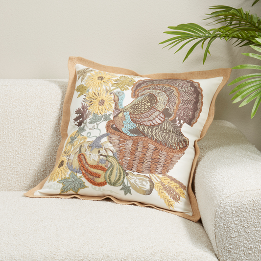 569 - Embroidered Turkey Cotton 20" Throw Pillow