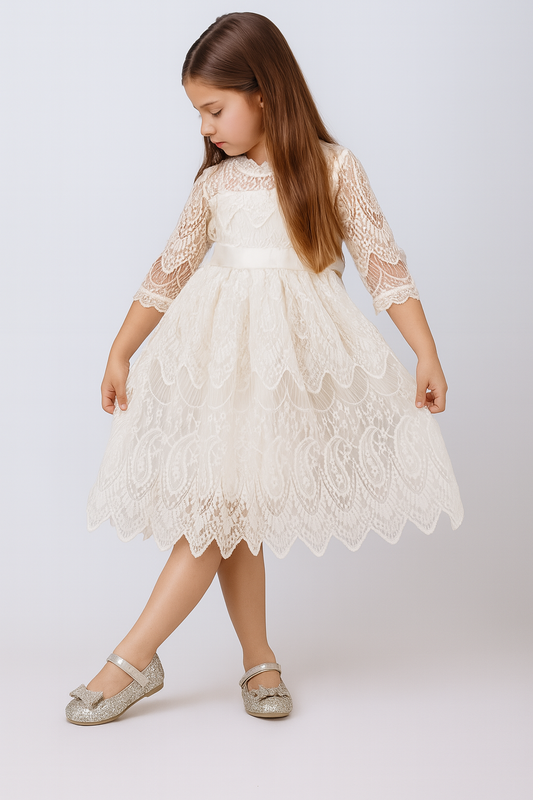 White Vintage Lace 3/4 Sleeve A-Line Girl Dress