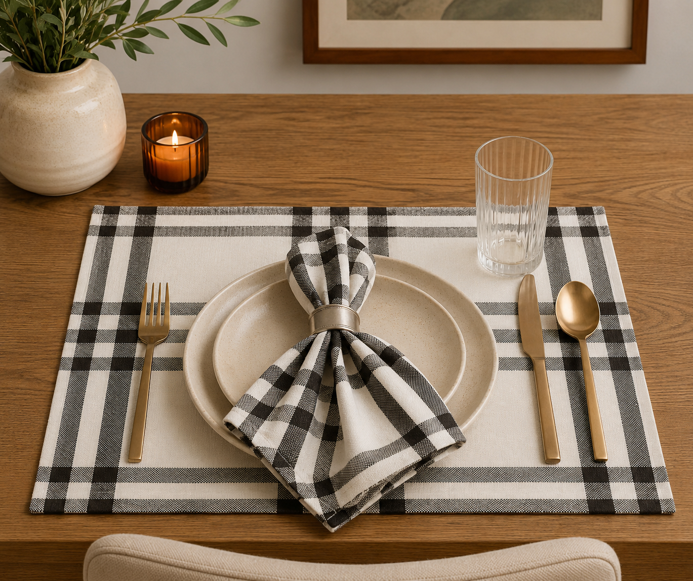 Classic Black and White Plaid 20" Cotton Napkin