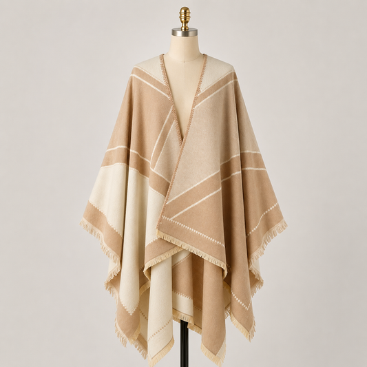 Beige & Ivory Cashmere-Feel Geometric Shawl Wrap Poncho