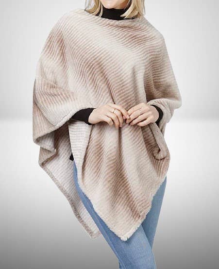Taupe Ombre Stripe Faux Fur Poncho Cape