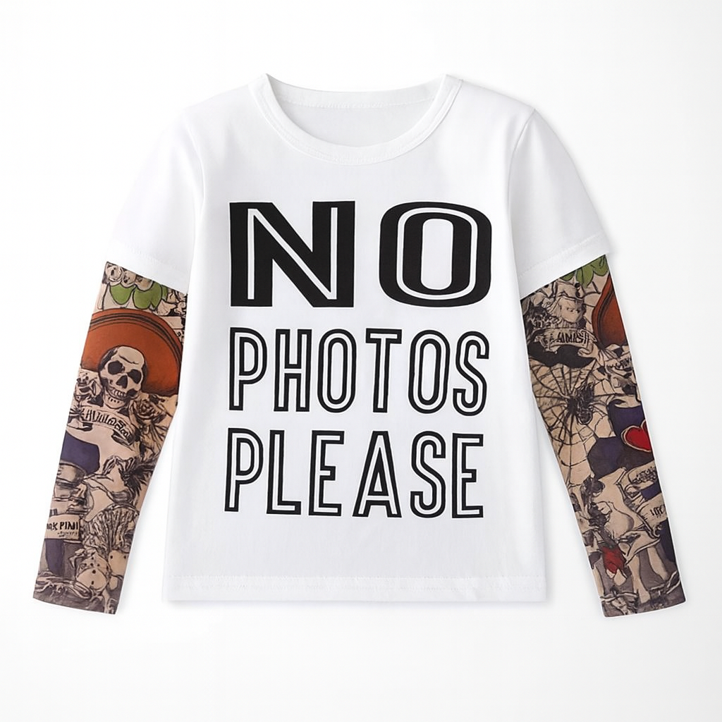 White “NO PHOTOS PLEASE” Tattoo Sleeve Baby T-Shirt