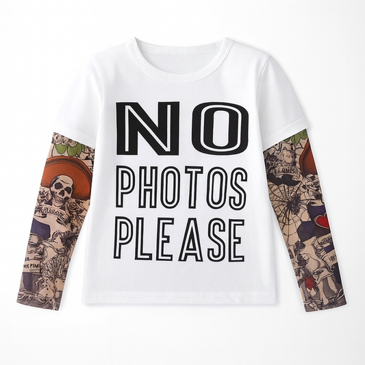 White “NO PHOTOS PLEASE” Tattoo Sleeve Baby T-Shirt