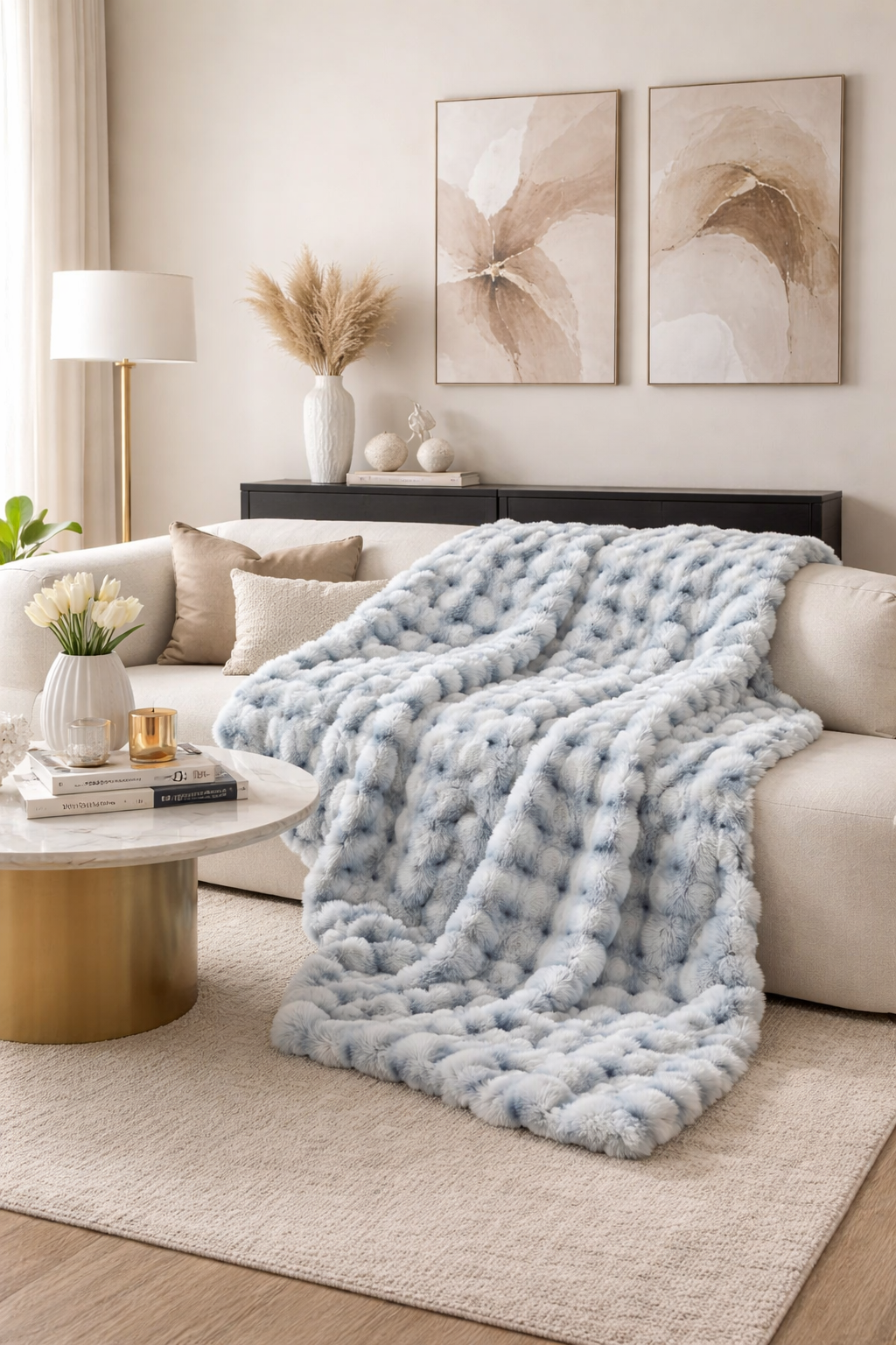 Blue Luxury Tufted Faux Fur Throw Blanket