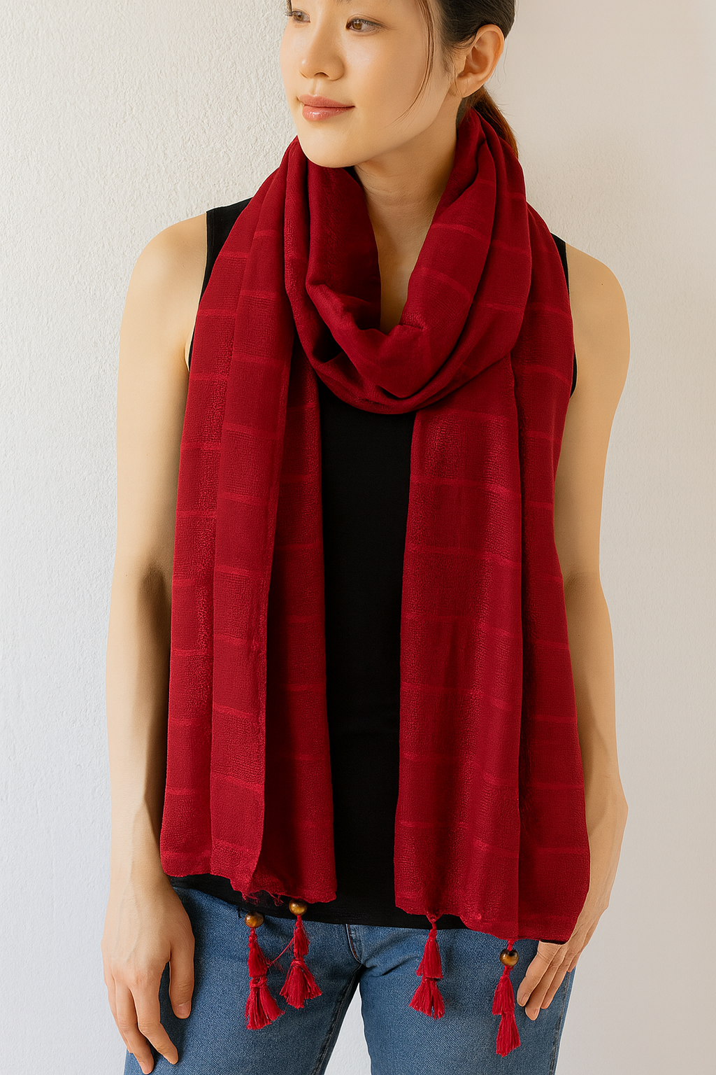 Burgundy Plaid Wood Bead Tassel Cotton Scarf