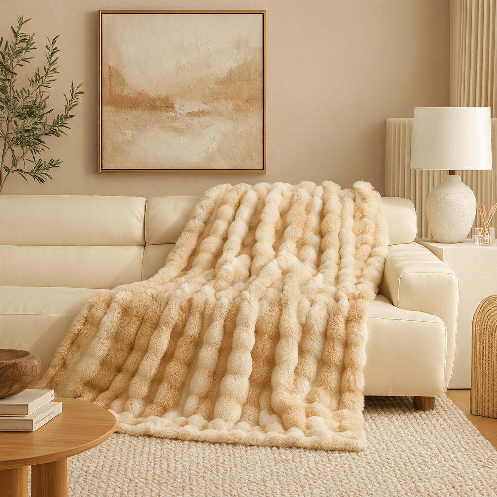 TH0047 - Beige Bubble Faux Fur Throw Blanket – 50" x 60"