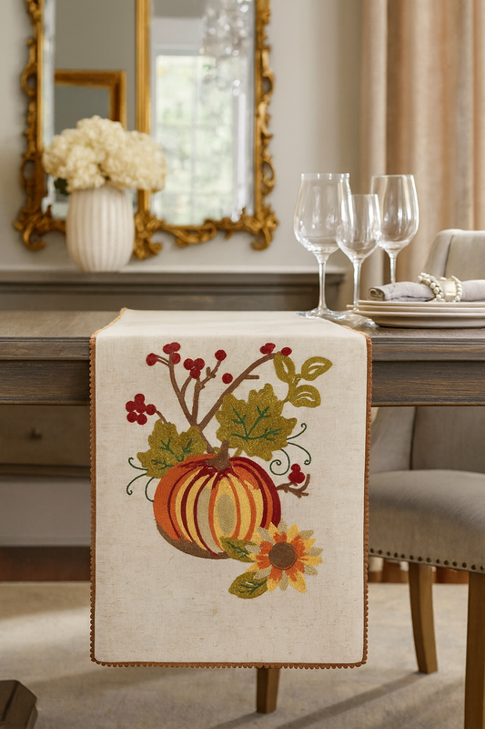 0836 - Embroidered Pumpkin Floral Table Runner - 14x72 in