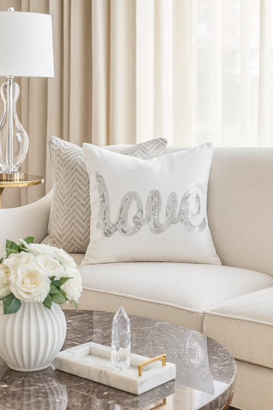455 - Silver Metallic Sequin Love Script Filled 18" Throw Pillow