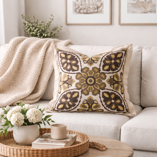 Beige Medallion Double-Sided 18" Throw Pillow