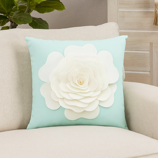 PLW0123 - Mint 3D White Rose Flower 17" Throw Pillow