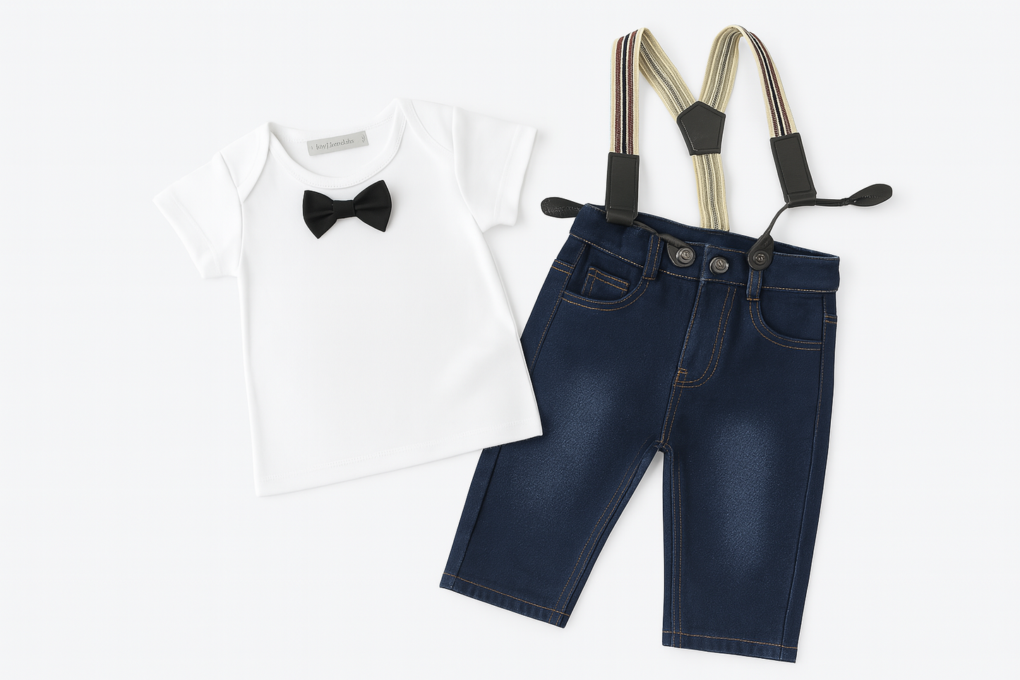 White Bowtie Tee, Jeans, Suspenders 3pcs Boy Outfit
