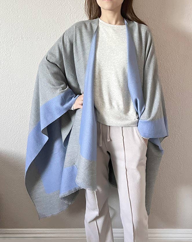 Blue-grey knit front Poncho Cape Cardigan