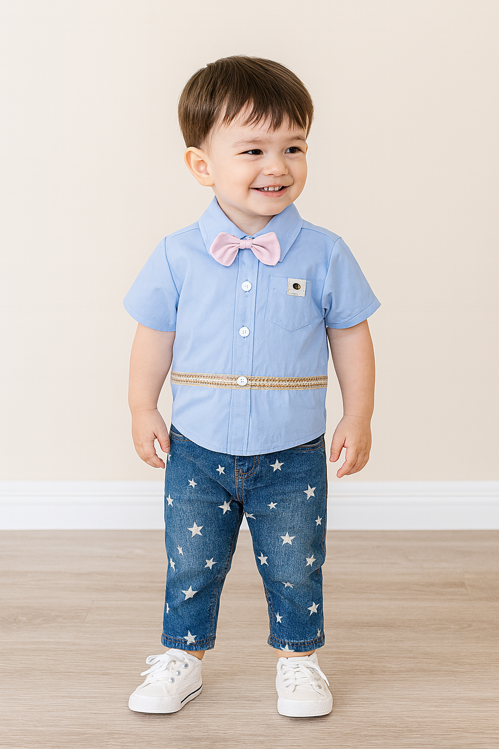 Blue 3D Bowtie Dress Shirt & Jeans 2pcs Boy Outfit