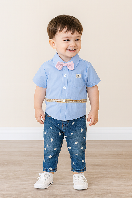 Blue 3D Bowtie Dress Shirt & Jeans 2pcs Boy Outfit