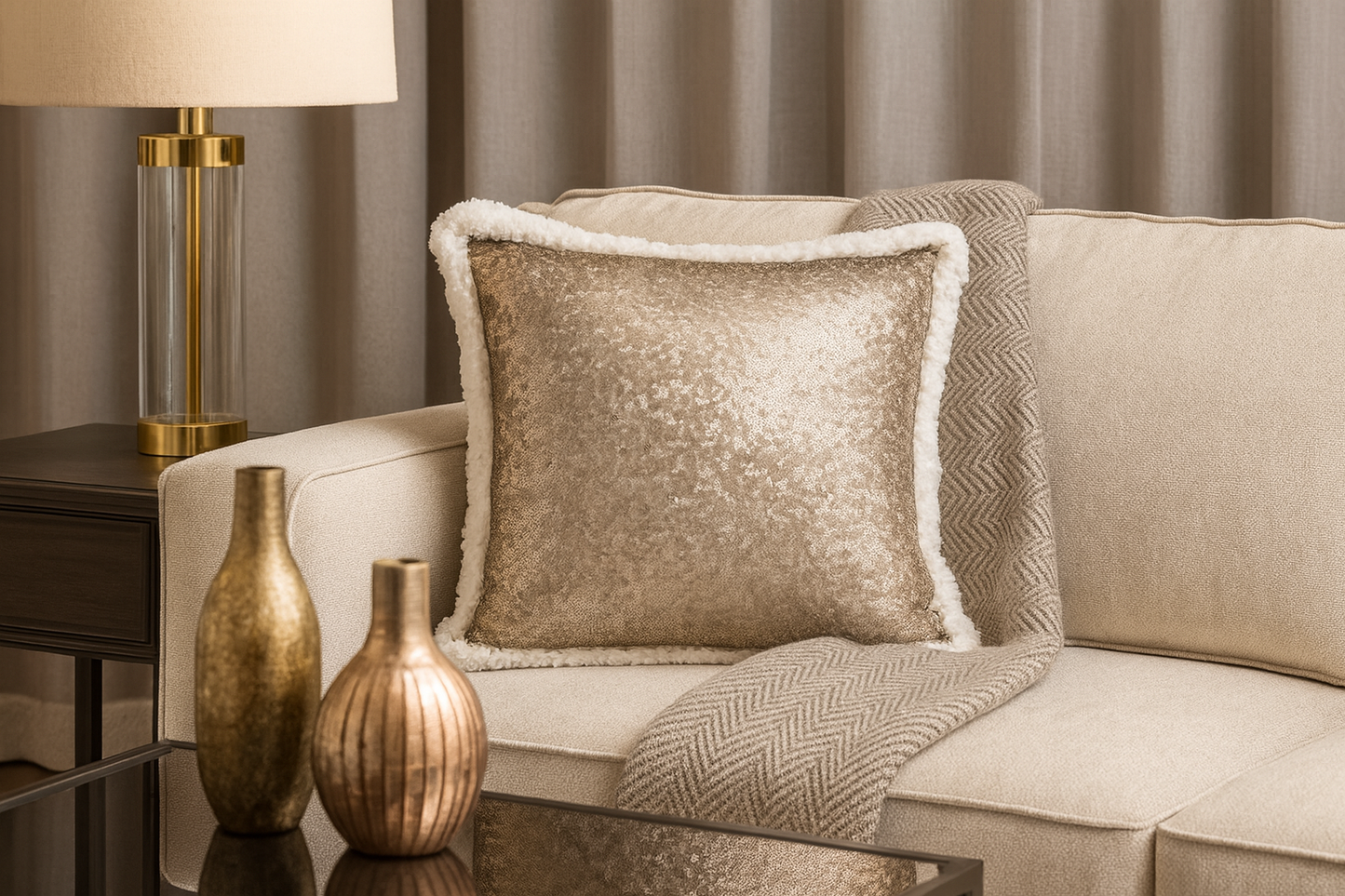 1607 - Champagne Sequin Sherpa 18" Filled Throw Pillow