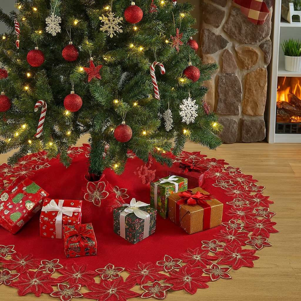 XS0016 - Red Embroidered Poinsettia Cutwork Christmas Tree Skirt
