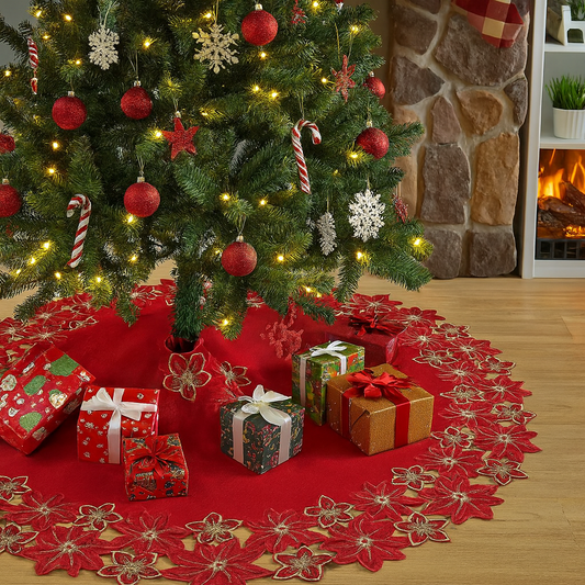 XS0016 - Red Embroidered Poinsettia Cutwork Christmas Tree Skirt