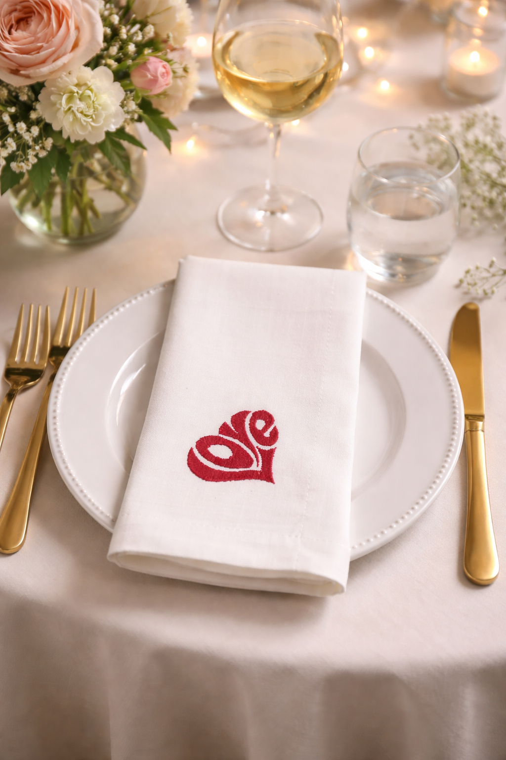 Red Embroidered Love White 20" Dinner Napkin