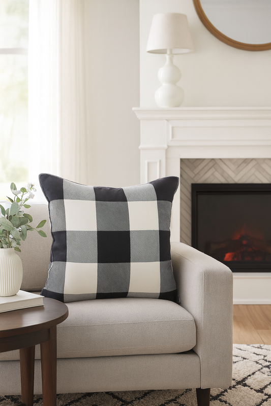 9025P - Black & White Buffalo Plaid Cotton 20" Throw Pillow