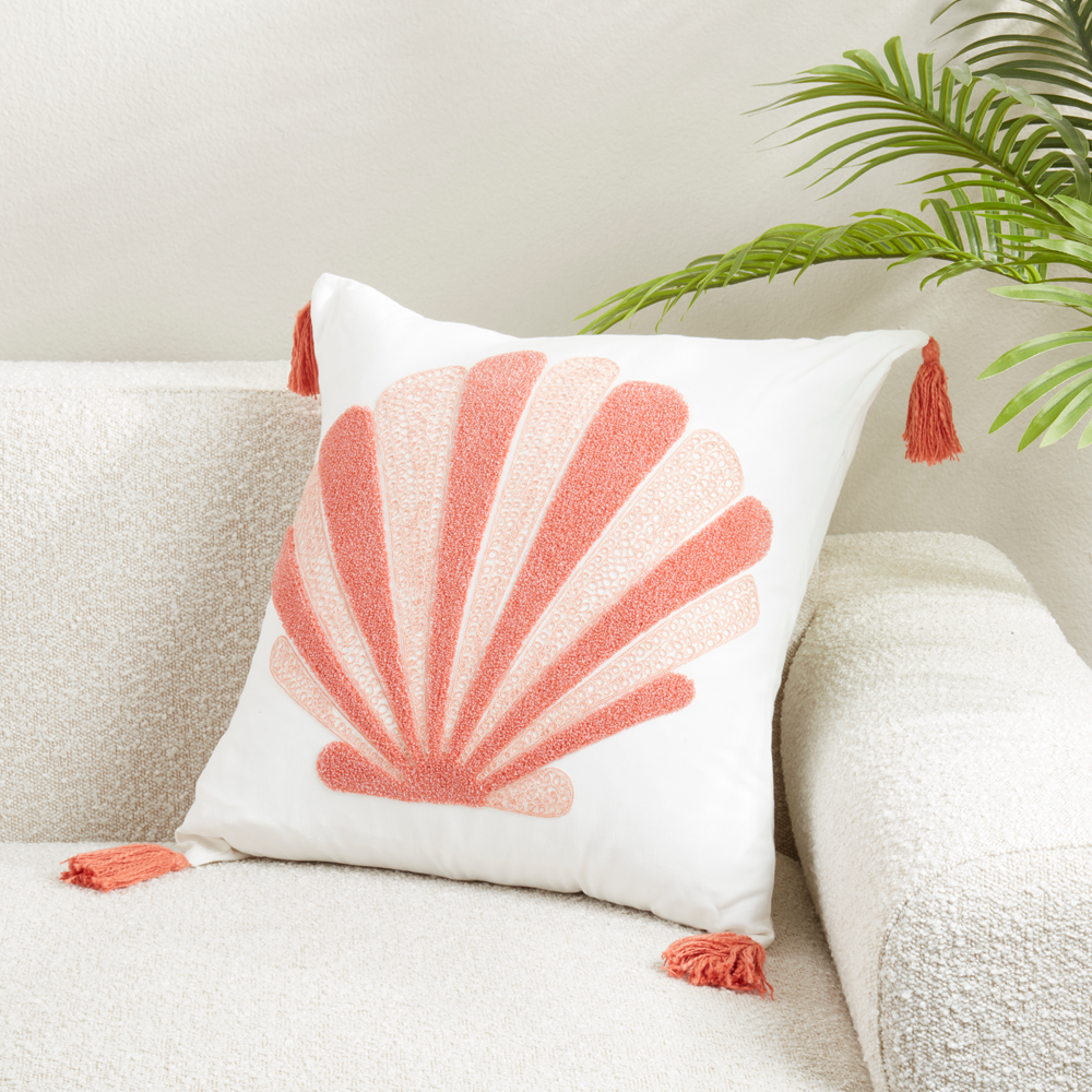 8304 - Coral Embroidered Seashell Cotton 20" Throw Pillow