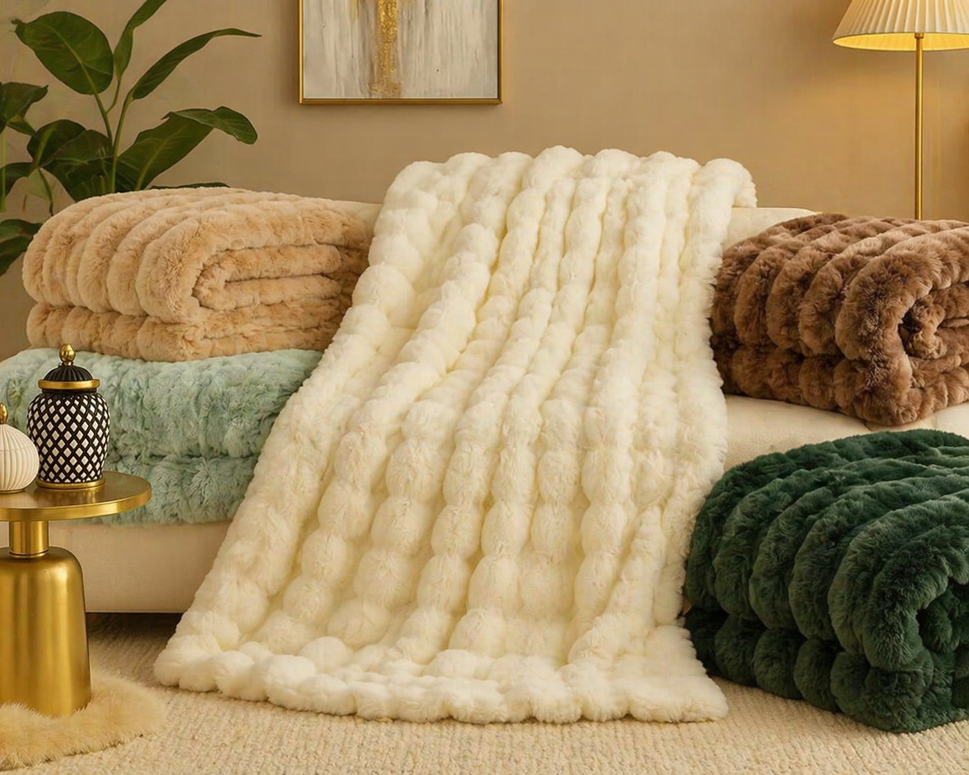Ivory Bubble Faux Fur Throw Blanket – 50" x 60"