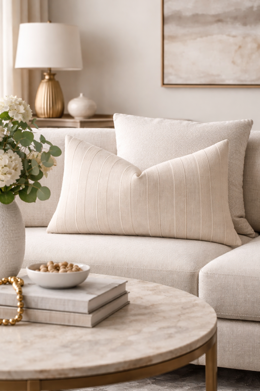 Soft Beige Striped Lumbar Throw Pillow